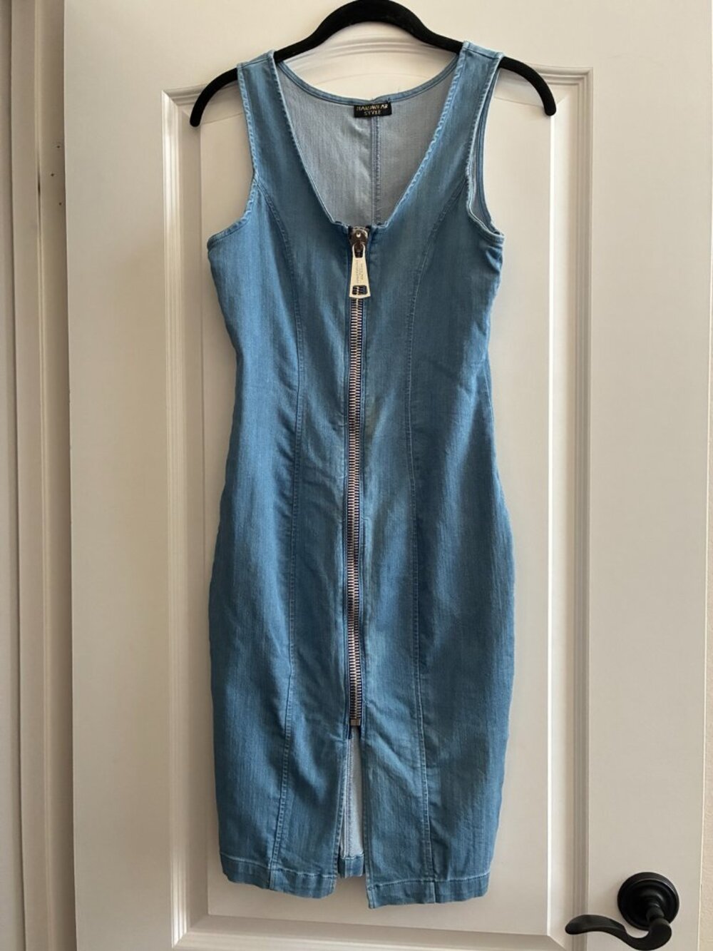 Hardwear Style Light Wash Denim Zip Front Midi Dress